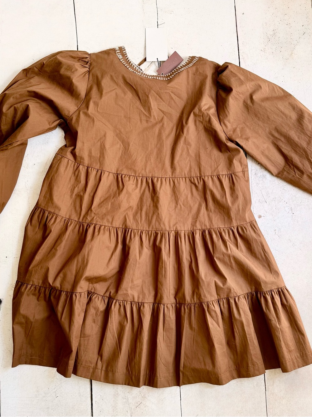 Brown Tiered Long-Sleeve mini tunic' Dress with Tassel Tie - Picture 2 of 5